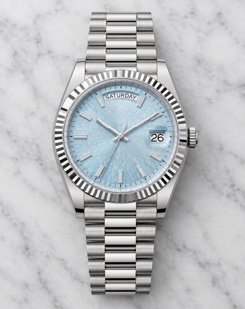 Rolex Day-Date 40 Réf. 228206 – Platine, Lunette Cannelée, Bleu Glacier